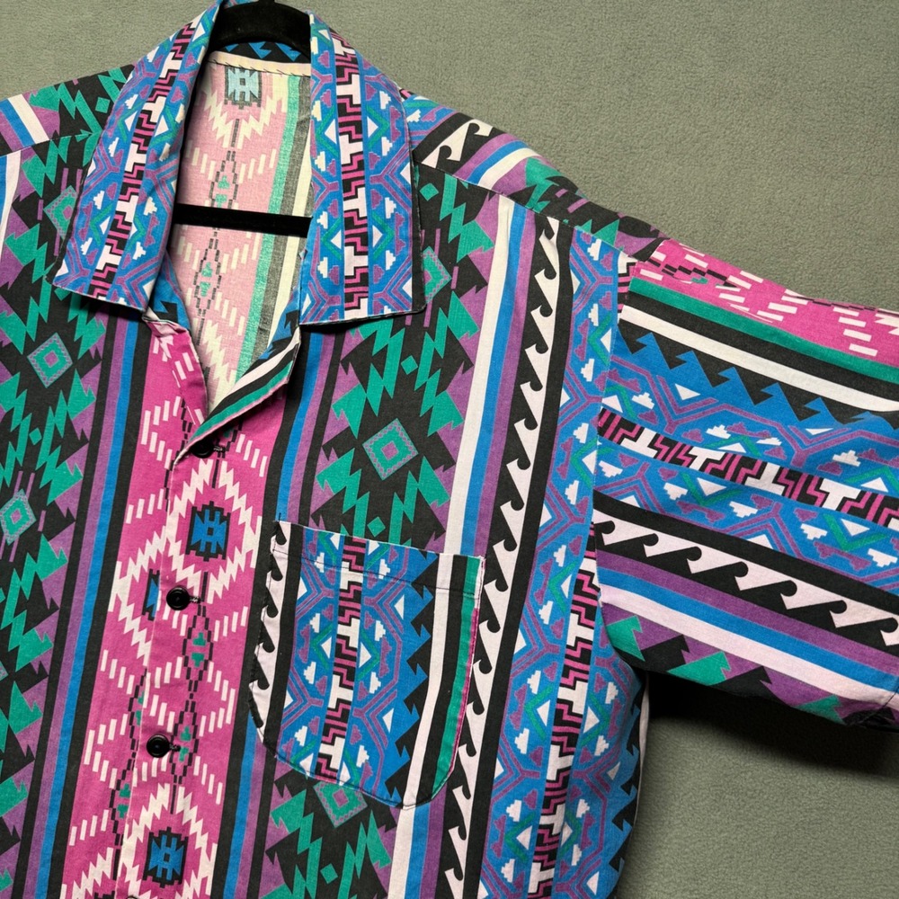 Vtg Handmade Button Up Shirt 90s Aztec Southwestern Pattern Multi-Color Retro - Picture 4 of 14